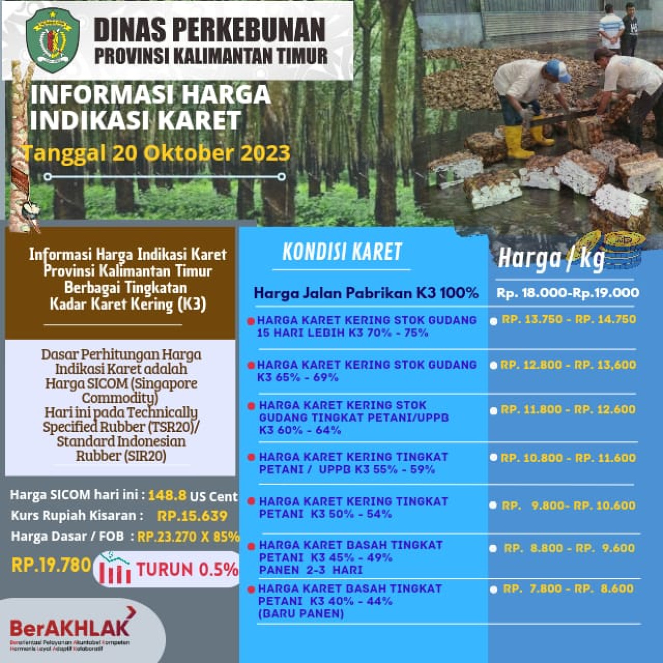 Informasi Harga Indikasi Karet per 20 Oktober 2023