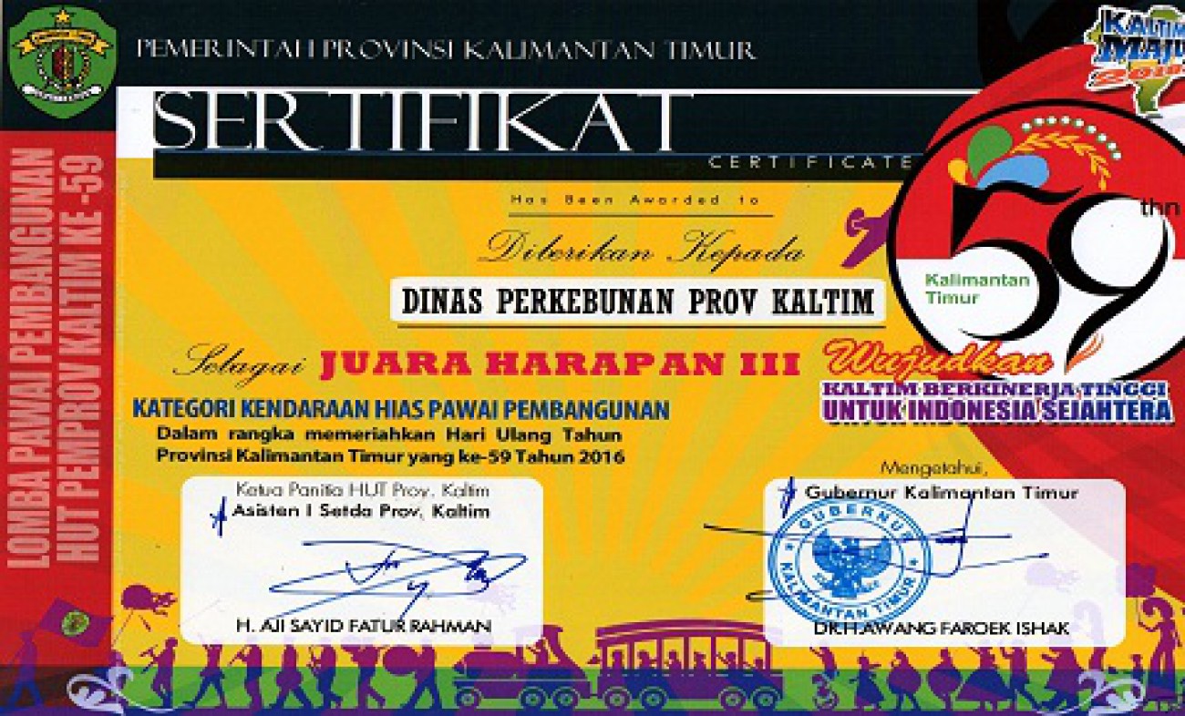 Disbun Juara Harapan III Kategori Kendaraan Hias Pawai Pembangunan