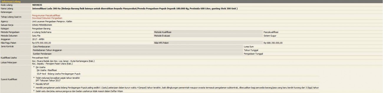 Pengumuman Lelang Intensifikasi Lada 300 Ha (Belanja Barang fisik lainnya untuk diserahkan kepada Masyarakat/Pemda Pengadaan Pupuk Organik 180.000 Kg, Pestisida 600 Liter, gunting Stek 300 Unit)