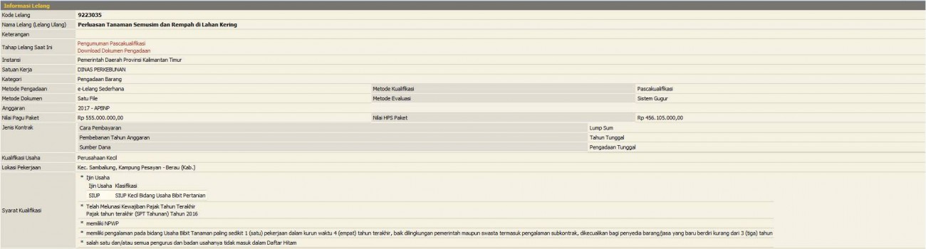 Pengumuman Pascakualifikasi Perluasan Tanaman Semusim dan Rempah di Lahan Kering (Lelang Ulang)